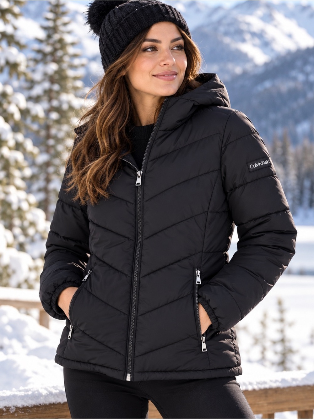Calvin Klein Infinite Stretch Black Hooded Puffer Jacket XS Water Resistant